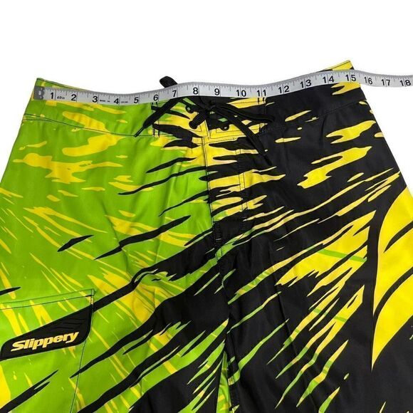 Slippery Board Shorts Solar Tie Front Black Neon Green Yellow Side Pocket Men 30 - Picture 7 of 15